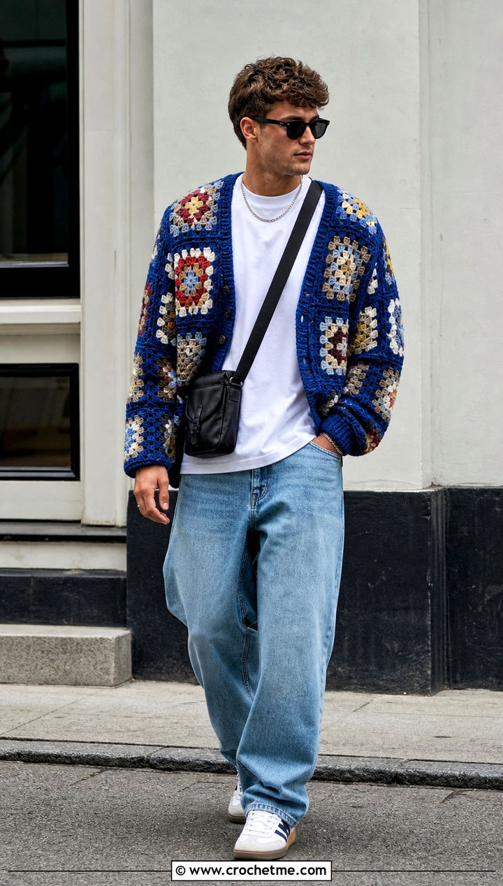 Granny Square Crochet Cardigan With Baggy Jeans - 30 mens crochet cardigan sweater outfit ideas