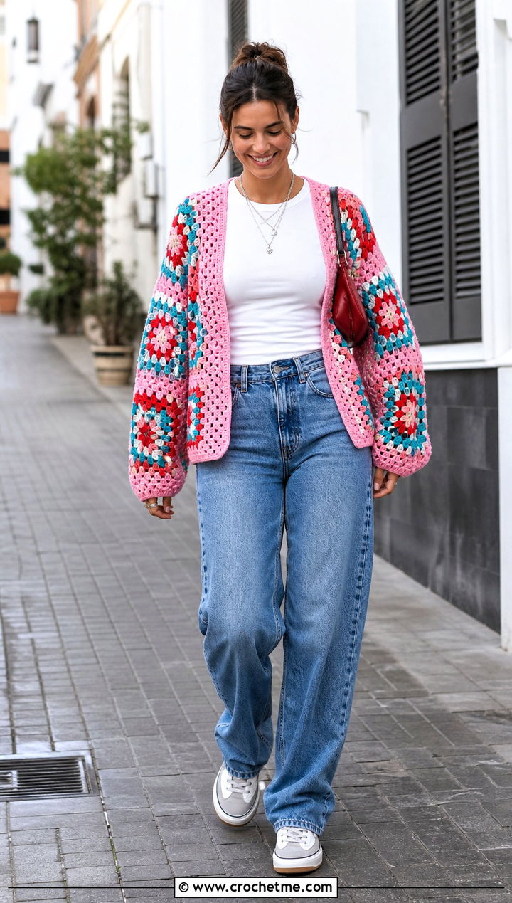 Granny Square Crochet Cardigan With Barrel Jeans - 20 crochet apparel and outfit ideas