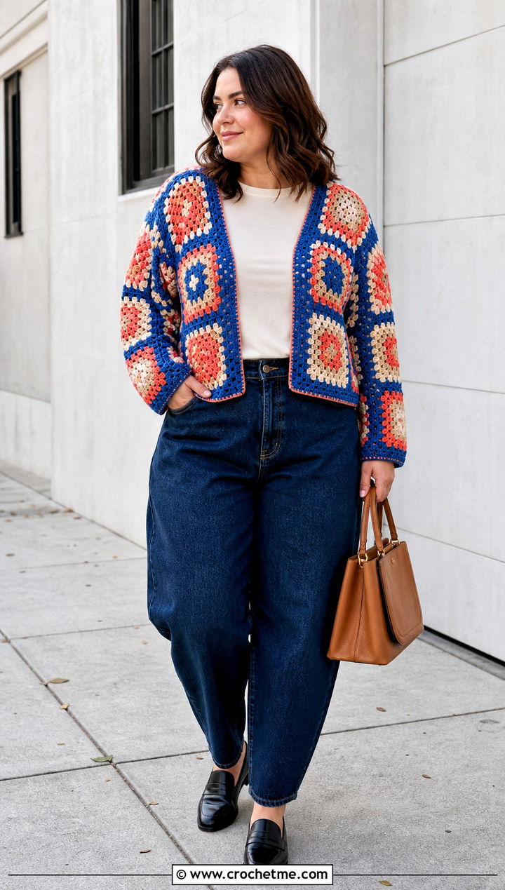 Granny Square Crochet Cardigan With Barrel Jeans - 30 Crochet Lightweight Cardigan outfit ideas