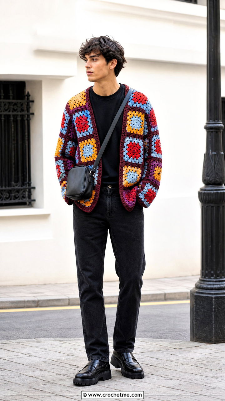 Granny Square Crochet Cardigan With Black Jeans - 35 crochet outfits for men outfit ideas