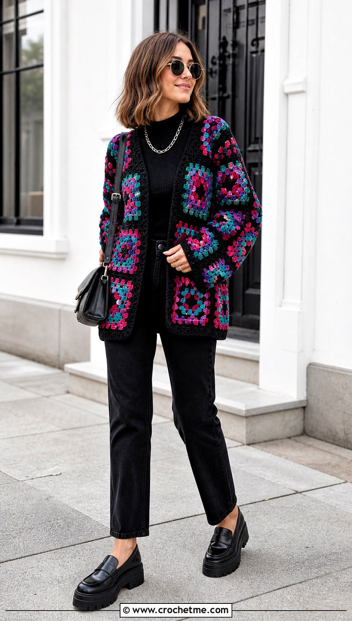 Granny Square Crochet Cardigan With Black Jeans - 15 goth crochet clothing and outfit ideas