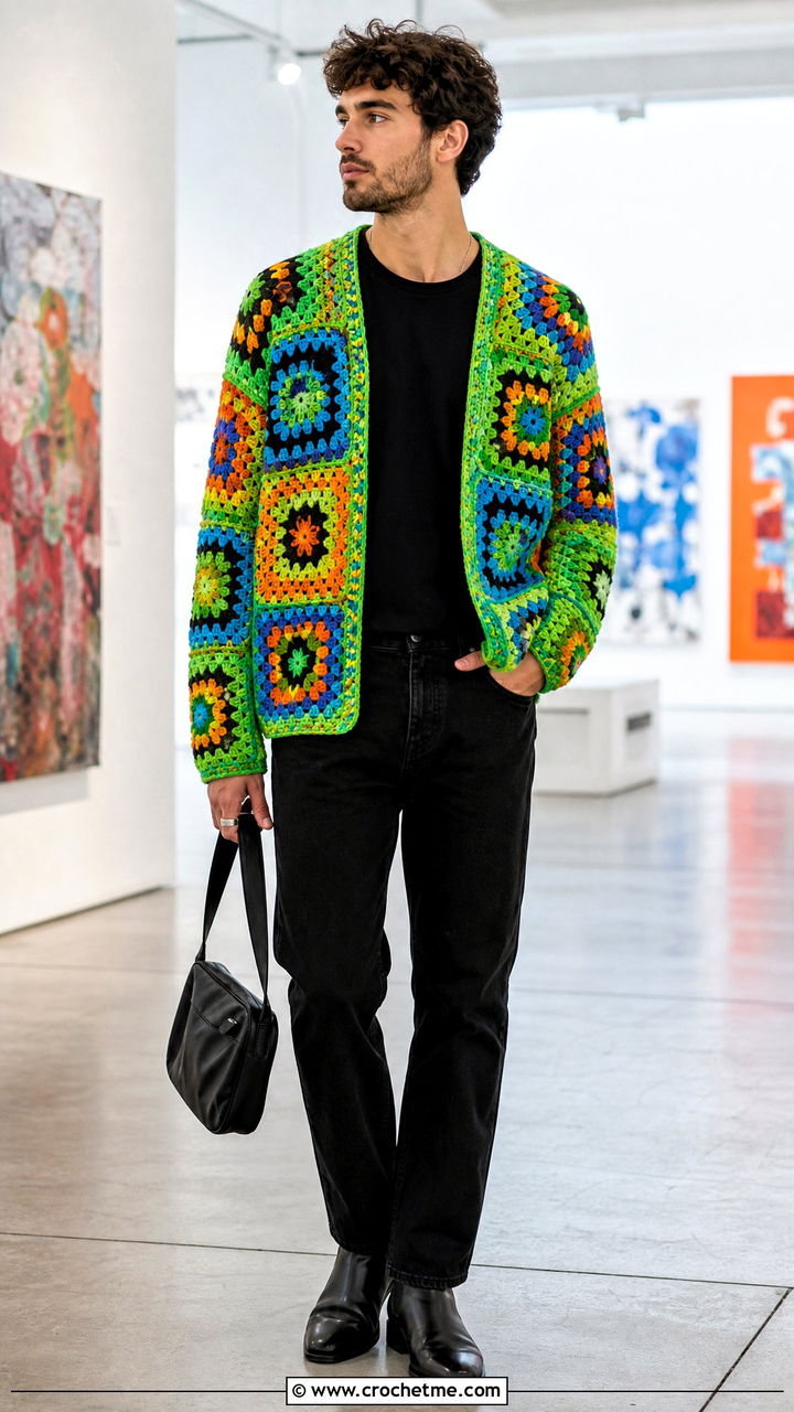 Granny Square Crochet Cardigan With Black Jeans - 35 crochet clothes for men outfit ideas