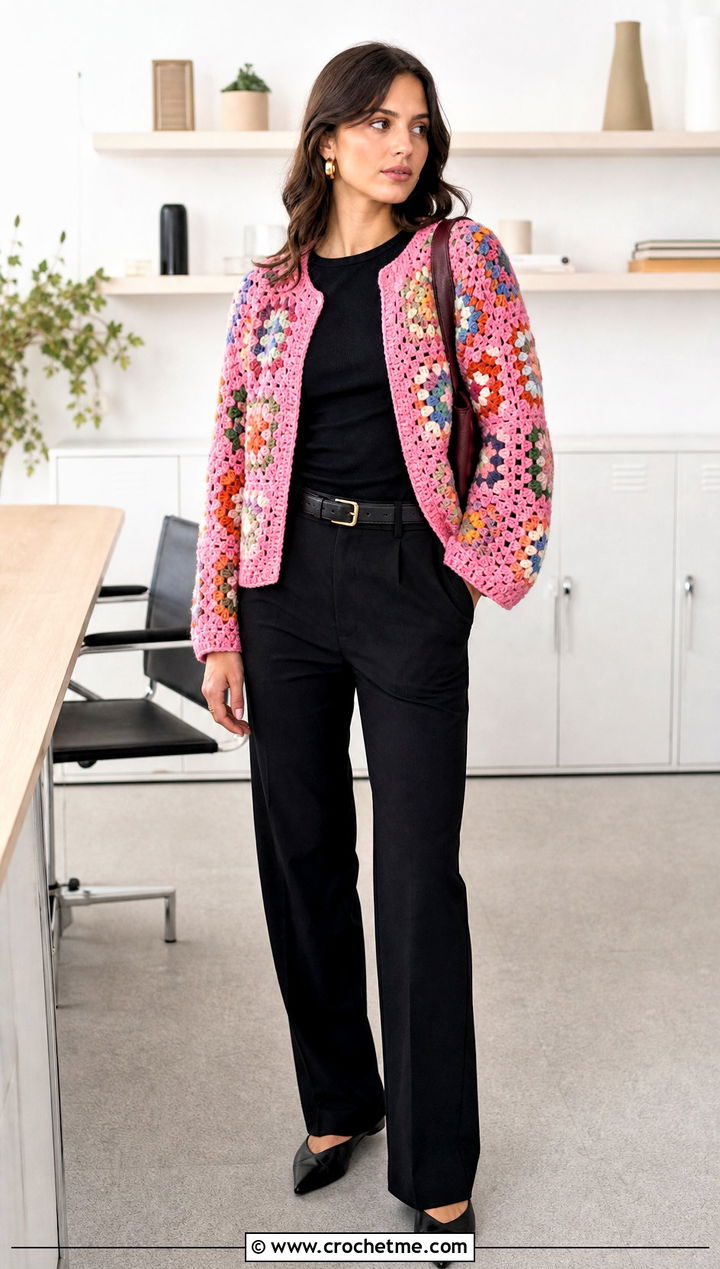 Granny Square Crochet Cardigan With Black Trousers - 25 thick crochet cardigan outfit ideas