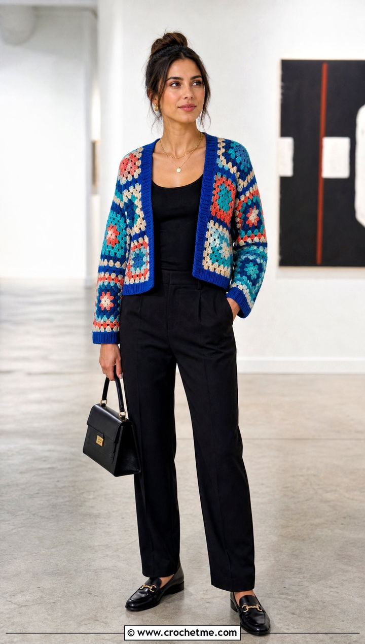 Granny Square Crochet Cardigan With Black Trousers - 20 Modern Crochet Cardigan outfit ideas
