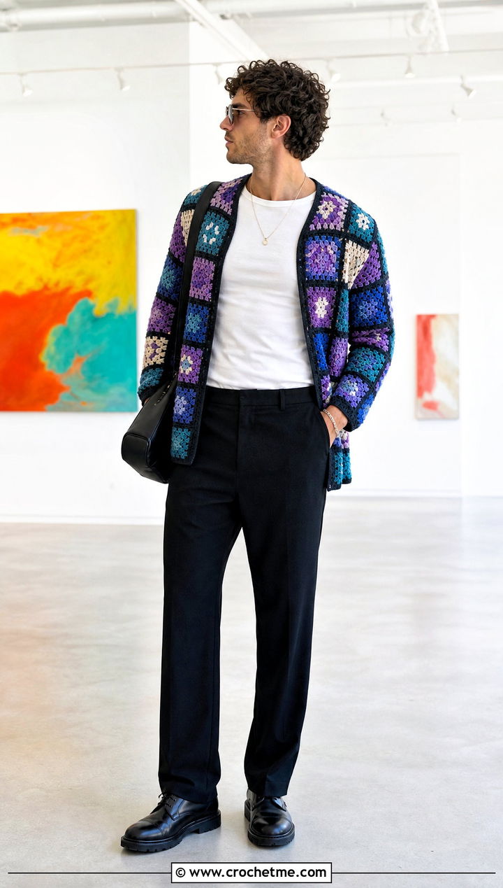 Granny Square Crochet Cardigan With Black Trousers - 35 crochet man sweaters outfit ideas