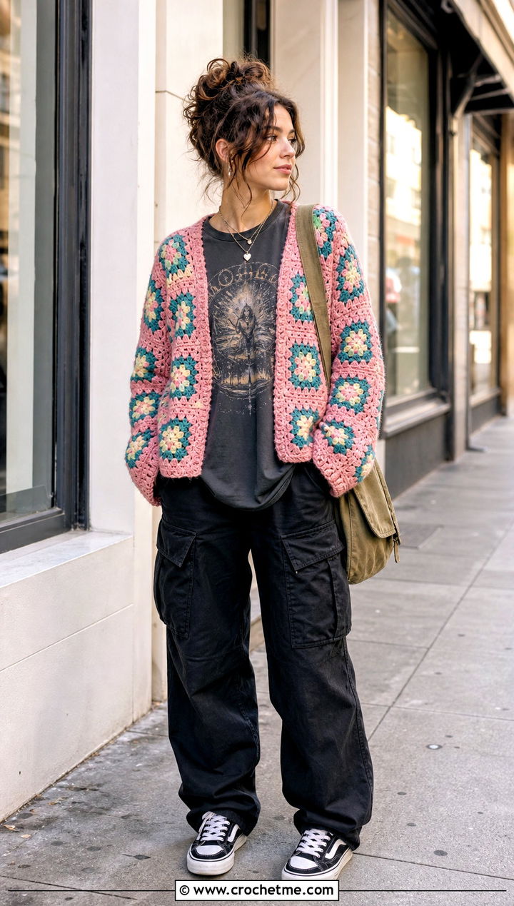 Granny Square Crochet Cardigan With Cargo Pants - 25 grunge crochet clothes and outfit ideas