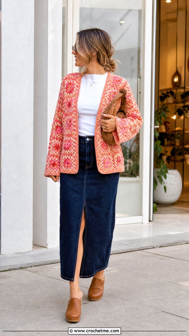Granny Square Crochet Cardigan With Denim Midi Skirt - 35 boho crochet clothes and outfit ideas