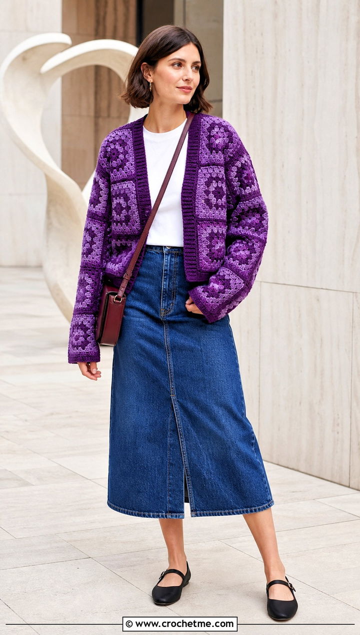 Granny Square Crochet Cardigan With Denim Midi Skirt - 25 lightweight crochet cardigan outfit ideas