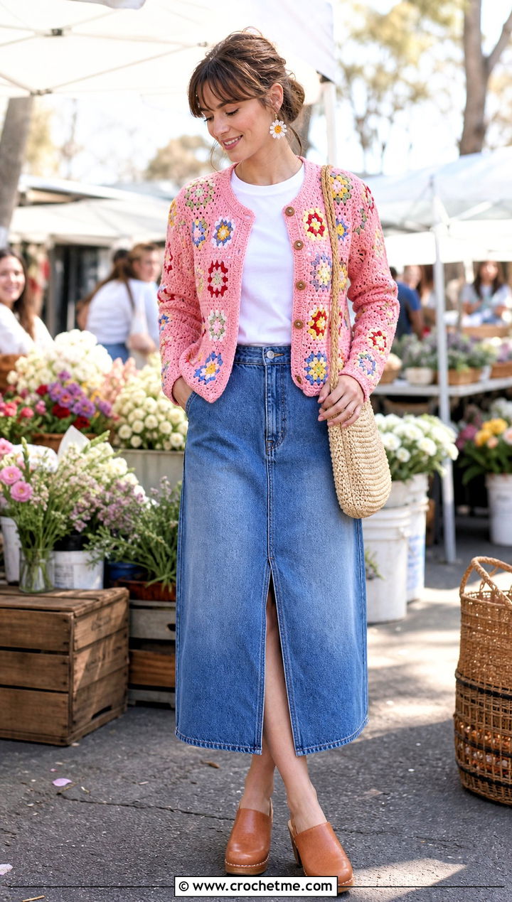 Granny Square Crochet Cardigan With Denim Midi Skirt - 30 anime inspired crochet clothes and outfit ideas