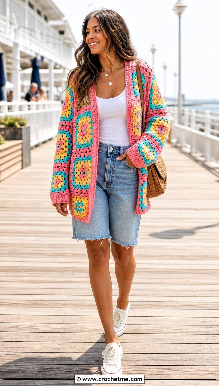 Granny Square Crochet Cardigan With Denim Shorts - 30 short sleeve crochet cardigan outfit ideas