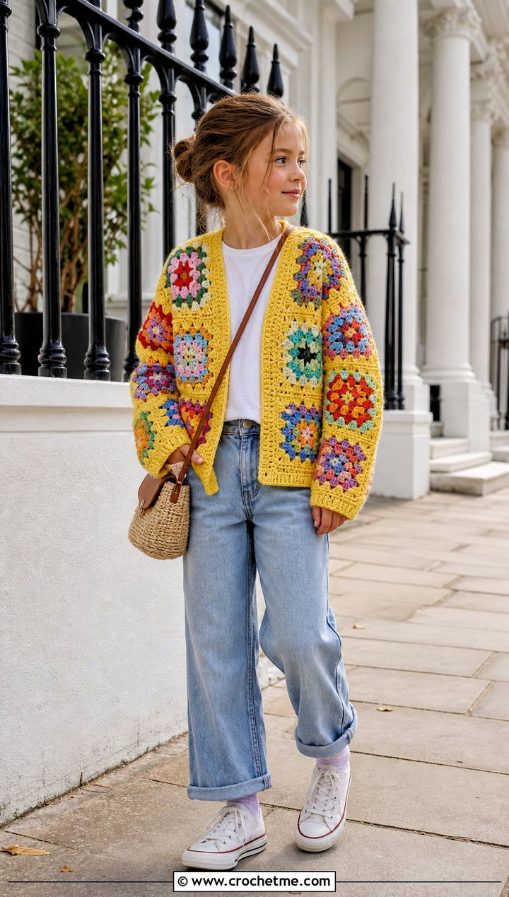 Granny Square Crochet Cardigan With Jeans - 25 Childs Crochet Cardigan outfit ideas