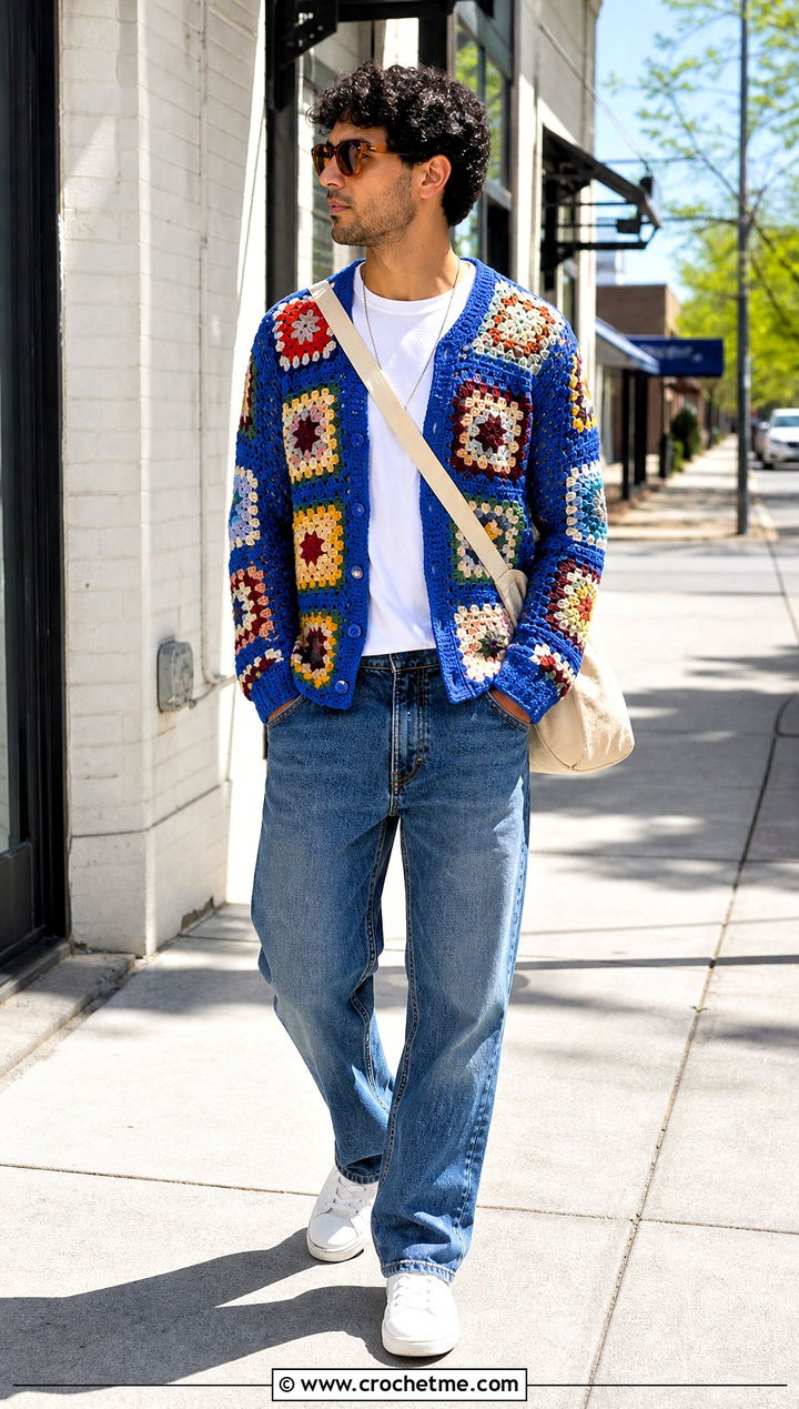 Granny Square Crochet Cardigan With Jeans - 35 mens crochet cardigan outfit ideas