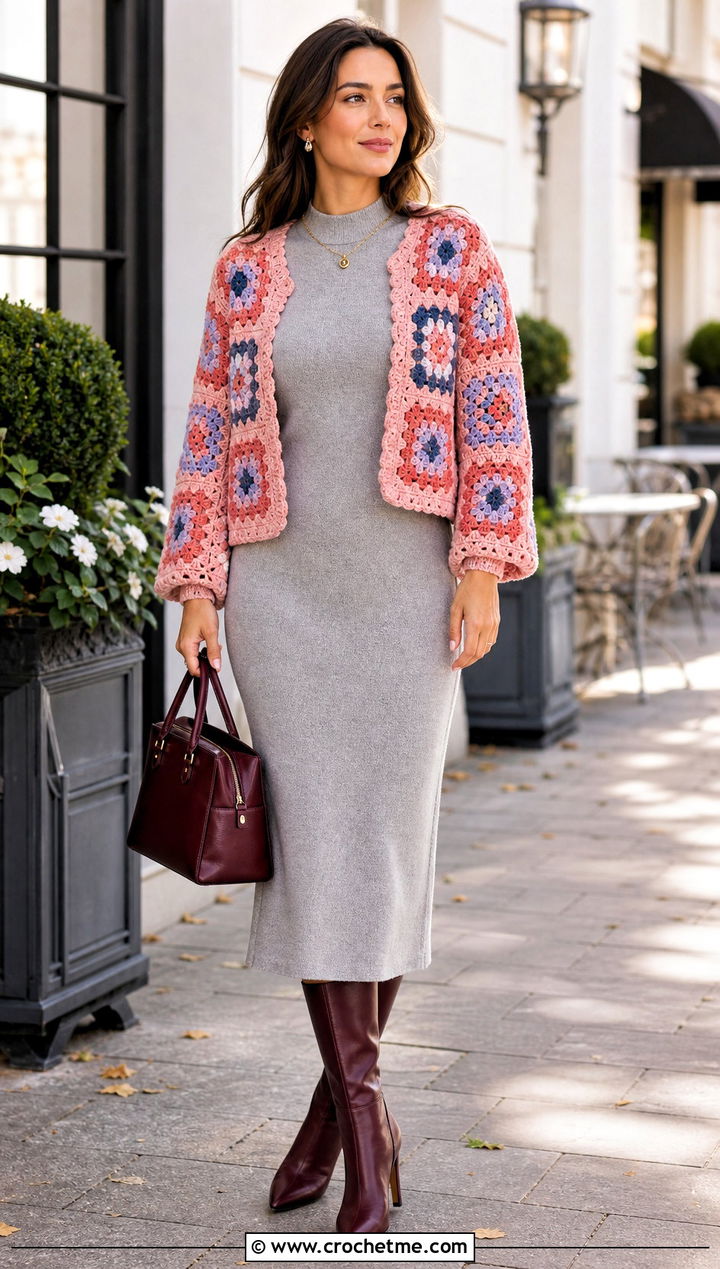 Granny Square Crochet Cardigan With Knit Dress - 25 Crochet For Beginners Clothes and outfit ideas
