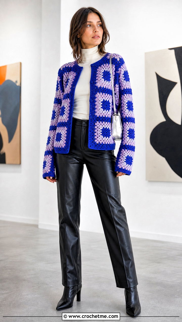 Granny Square Crochet Cardigan With Leather Pants - 30 winter crochet clothes ideas