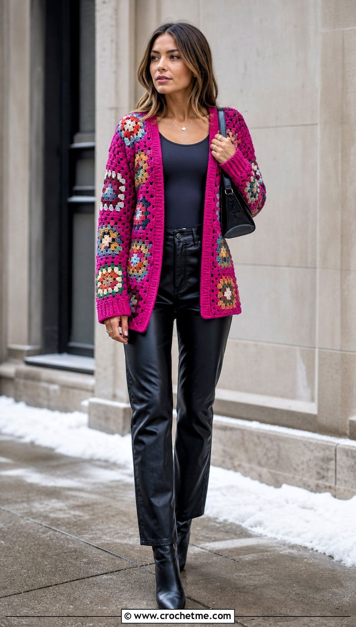 Granny Square Crochet Cardigan With Leather Pants - 25 Winter Crochet Clothes and outfit ideas