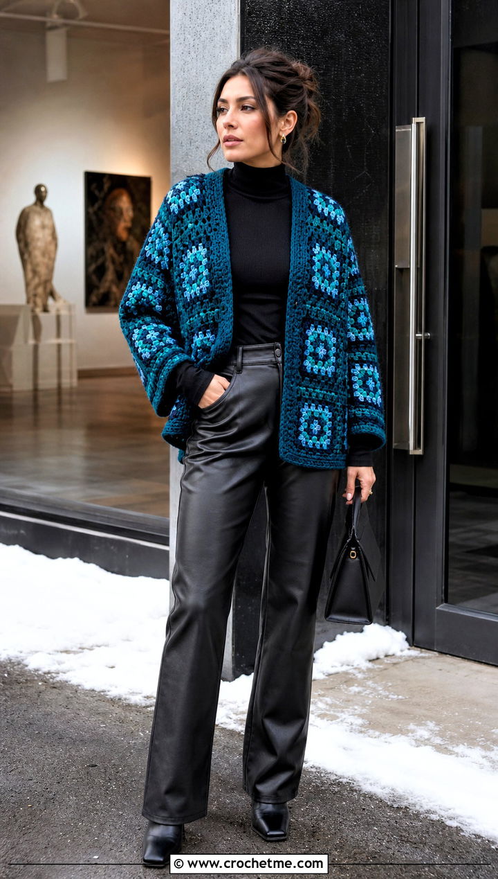 Granny Square Crochet Cardigan With Leather Pants - 30 crochet clothes for winter outfit ideas