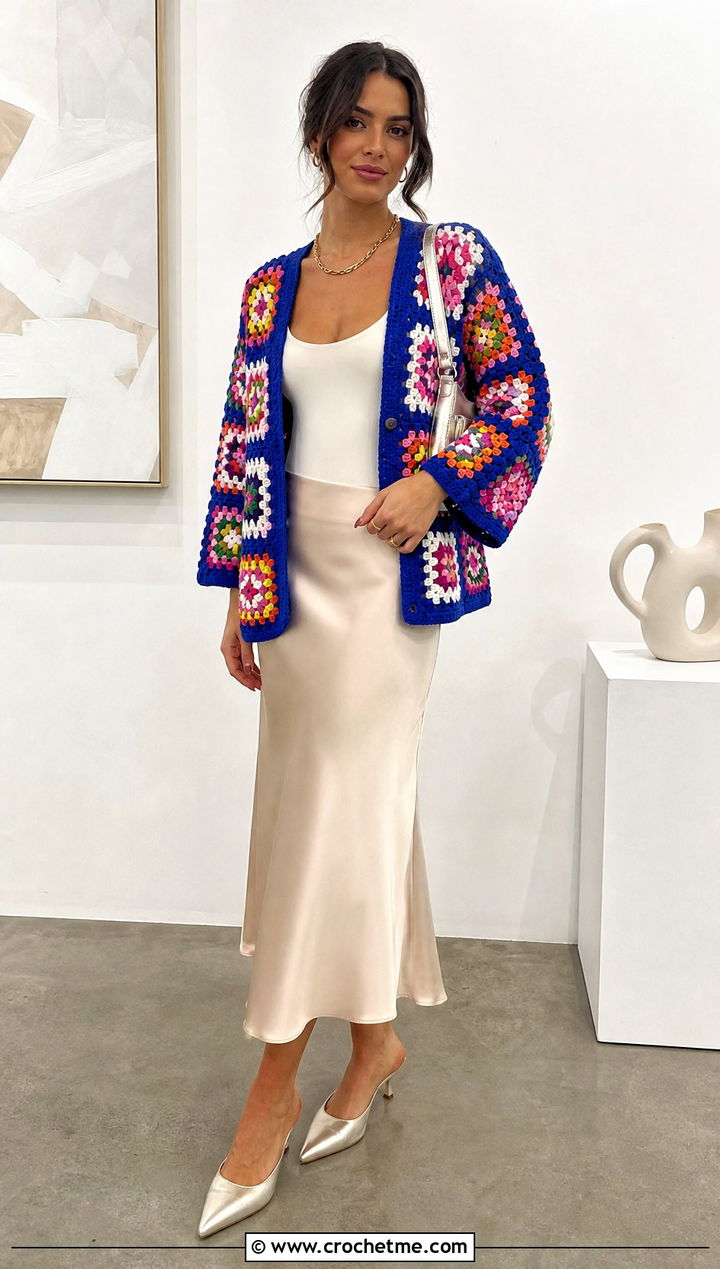 Granny Square Crochet Cardigan With Satin Midi Skirt - 15 Mid Summer Crochet Cardigan outfit ideas