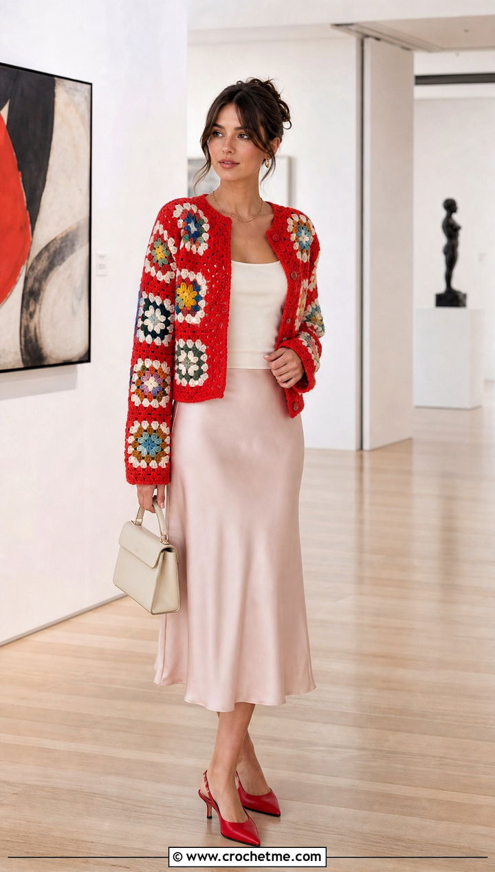 Granny Square Crochet Cardigan With Satin Skirt - 30 crochet clothes outfit ideas