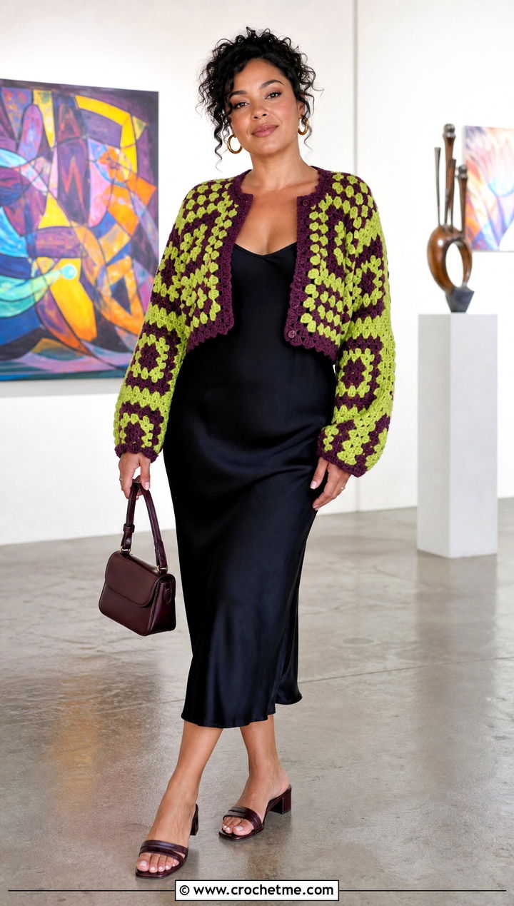 Granny Square Crochet Cardigan With Slip Dress - 30 two color crochet cardigan outfit ideas