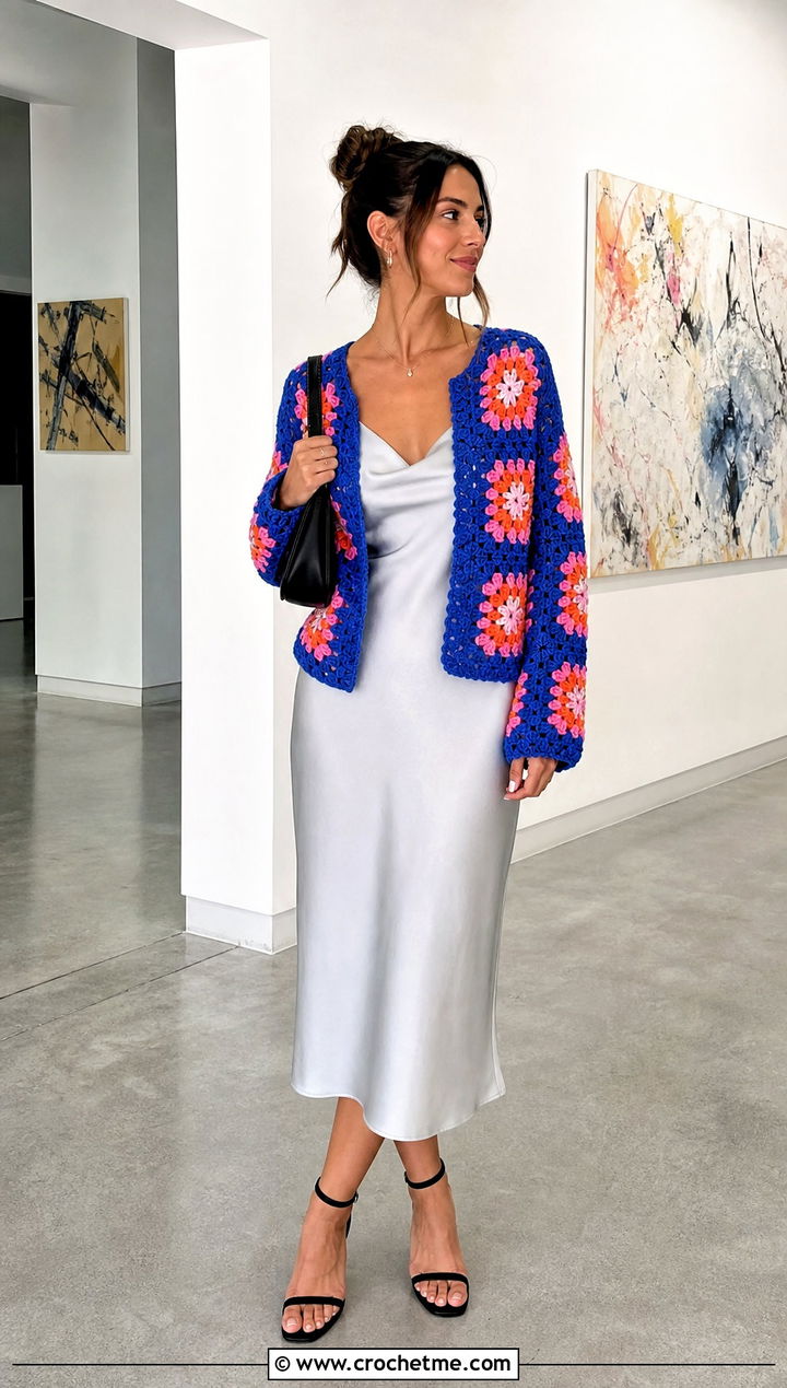 Granny Square Crochet Cardigan With Slip Dress - 30 vintage crochet clothes and outfit ideas