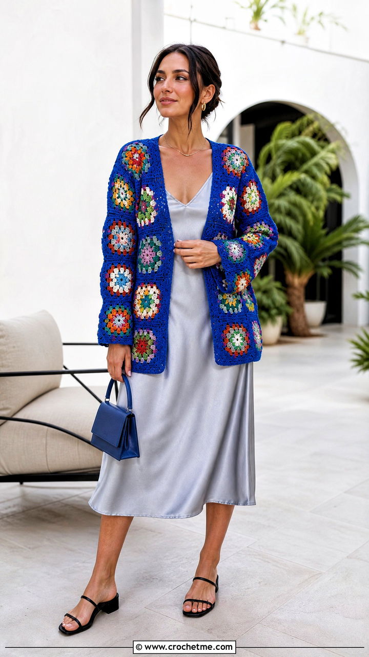 Granny Square Crochet Cardigan With Slip Dress - 35 cute crochet cardigan outfit ideas