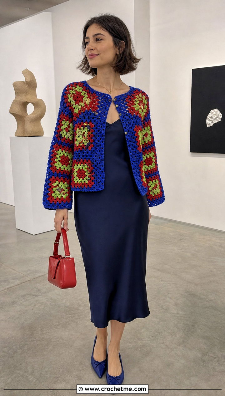Granny Square Crochet Cardigan With Slip Dress - 25 crochet womens clothes and outfit ideas