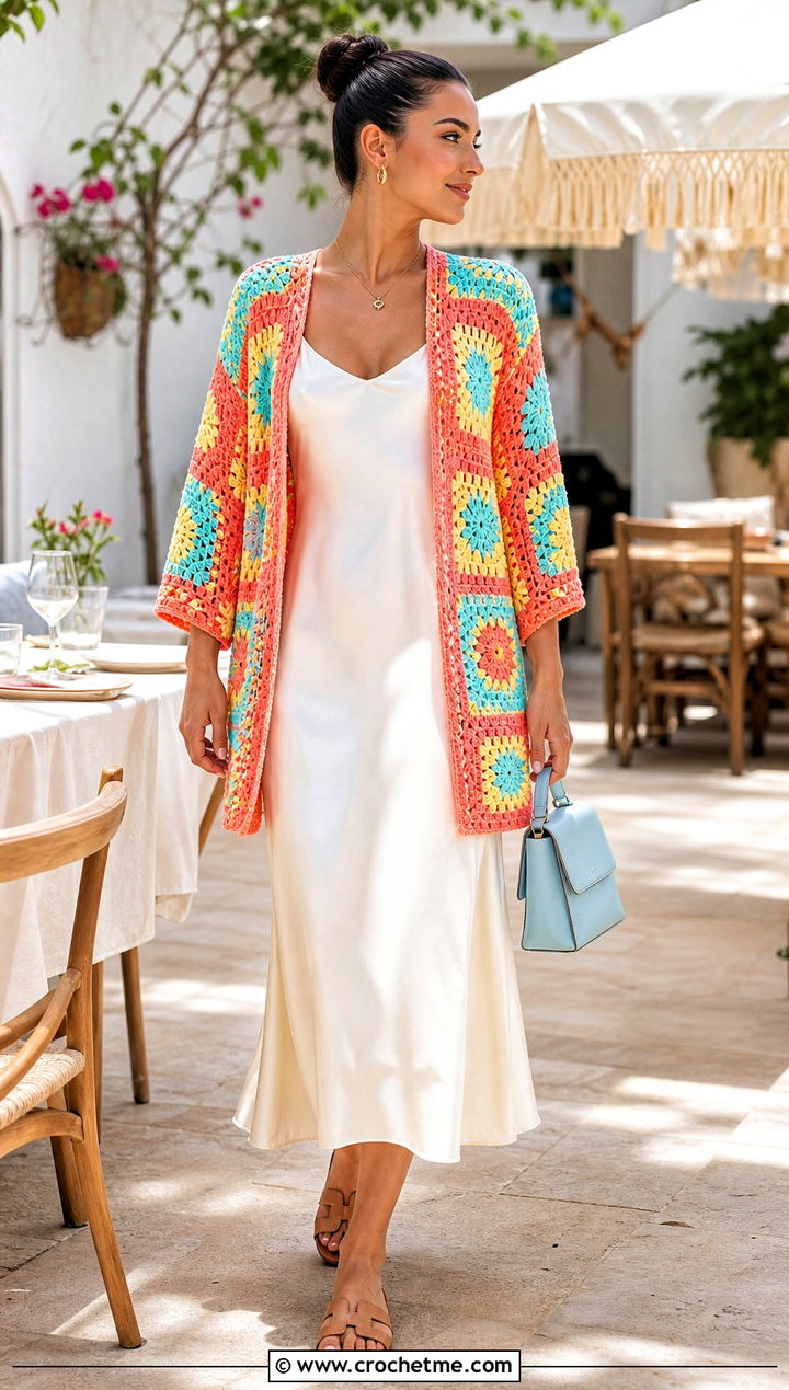 Granny Square Crochet Cardigan With Slip Dress - 15 summer crochet cardigan design outfit ideas