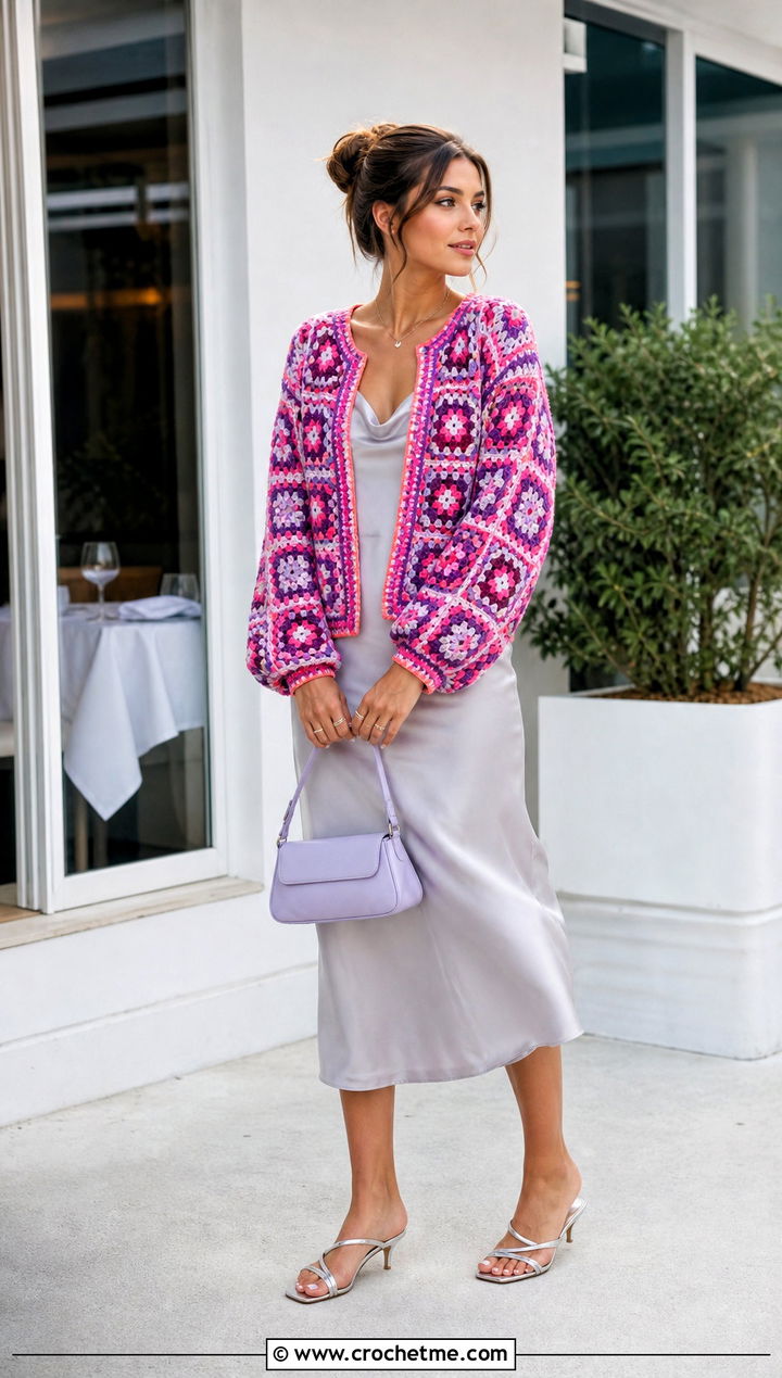 Granny Square Crochet Cardigan With Slip Dress - 15 summer crochet outfits ideas