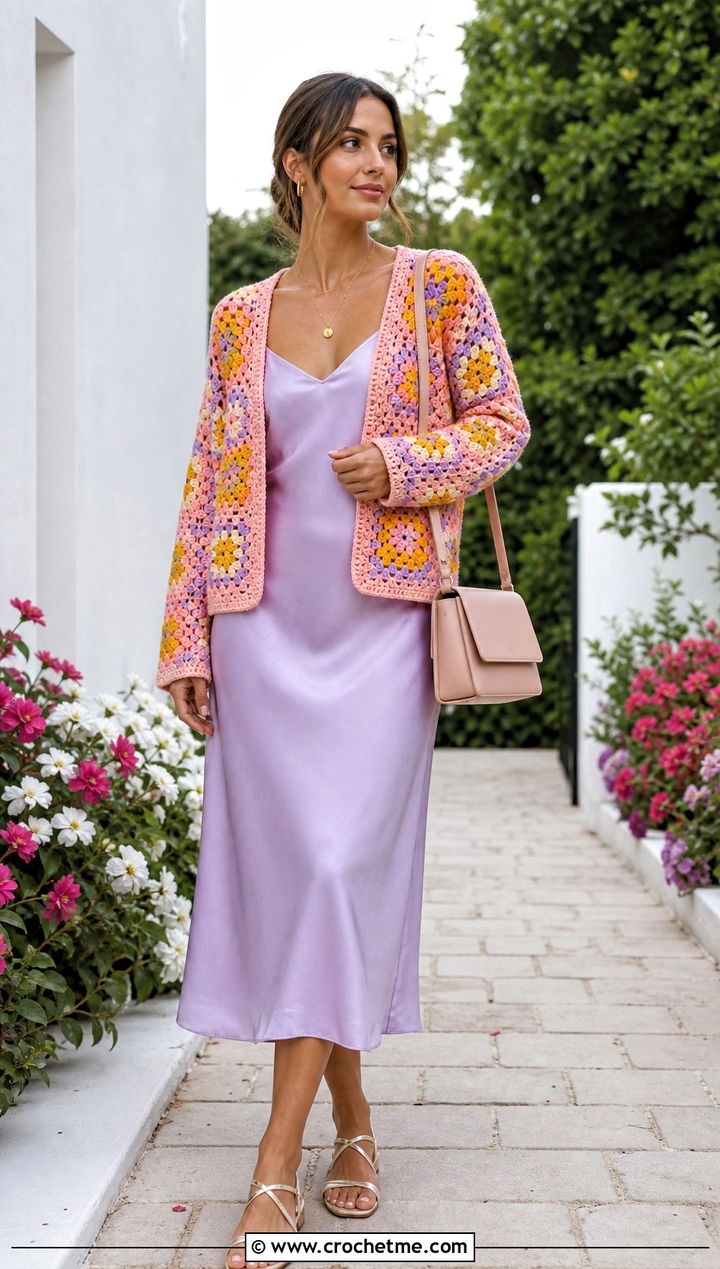 Granny Square Crochet Cardigan With Slip Dress - 30 loose crochet cardigan outfit ideas