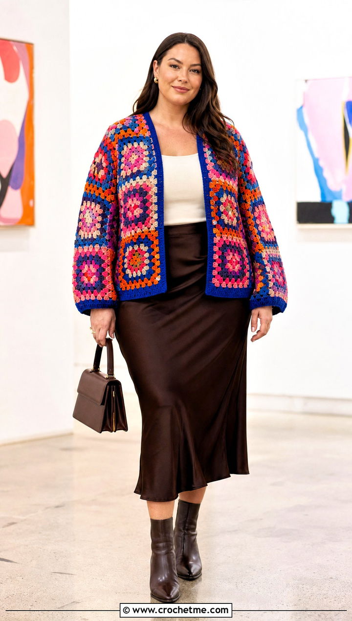 Granny Square Crochet Cardigan With Slip Skirt - 25 crochet women clothes and outfit ideas