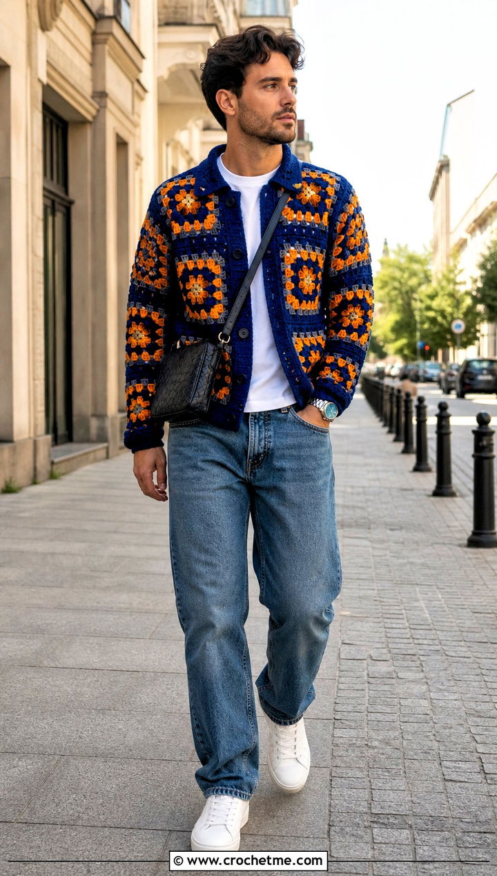 Granny Square Crochet Cardigan With Straight Jeans - 30 crochet man cardigan outfit ideas
