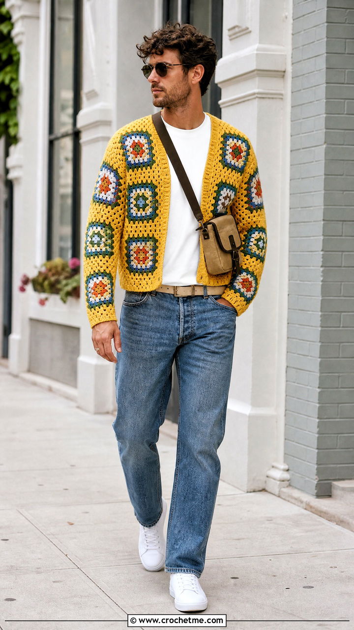 Granny Square Crochet Cardigan With Straight Jeans - 35 crochet cardigan men outfit ideas