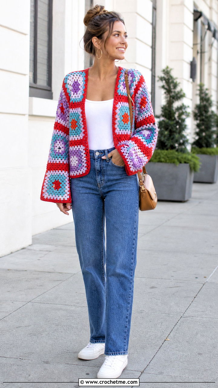 Granny Square Crochet Cardigan With Straight Jeans - 35 crochet cardigans for women outfit ideas