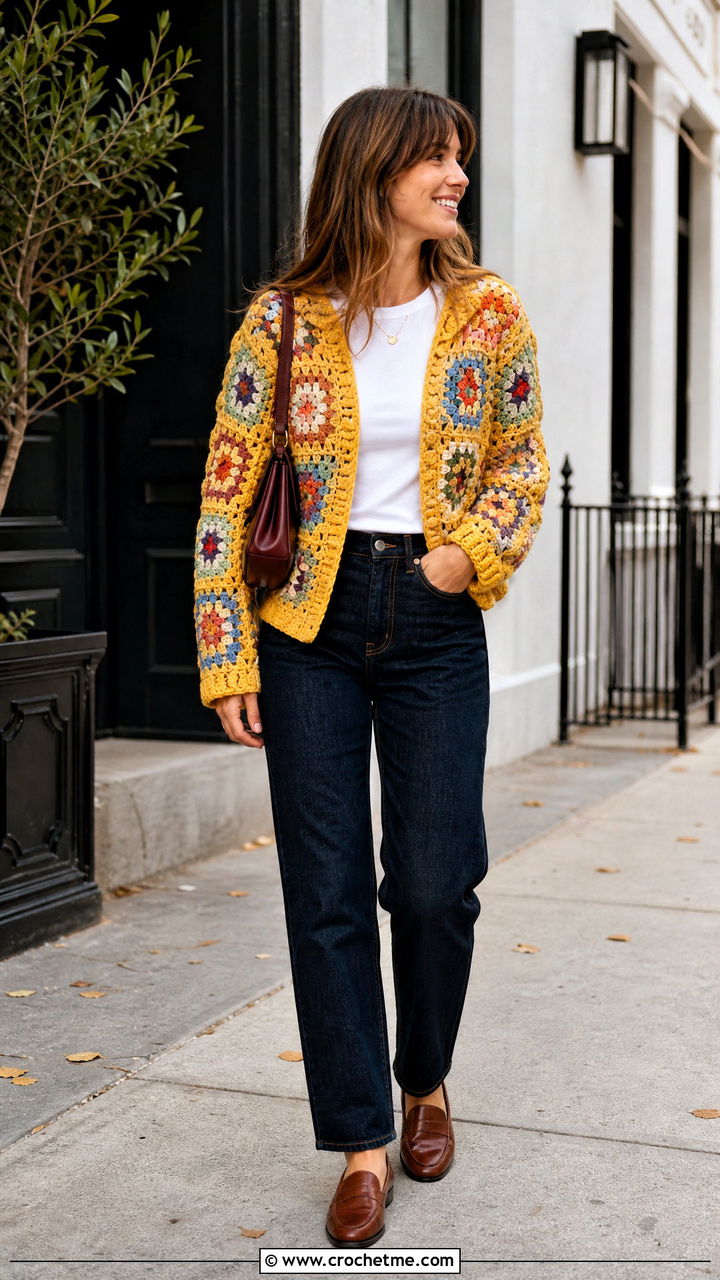 Granny Square Crochet Cardigan With Straight Jeans - 35 crochet fall clothes and outfit ideas