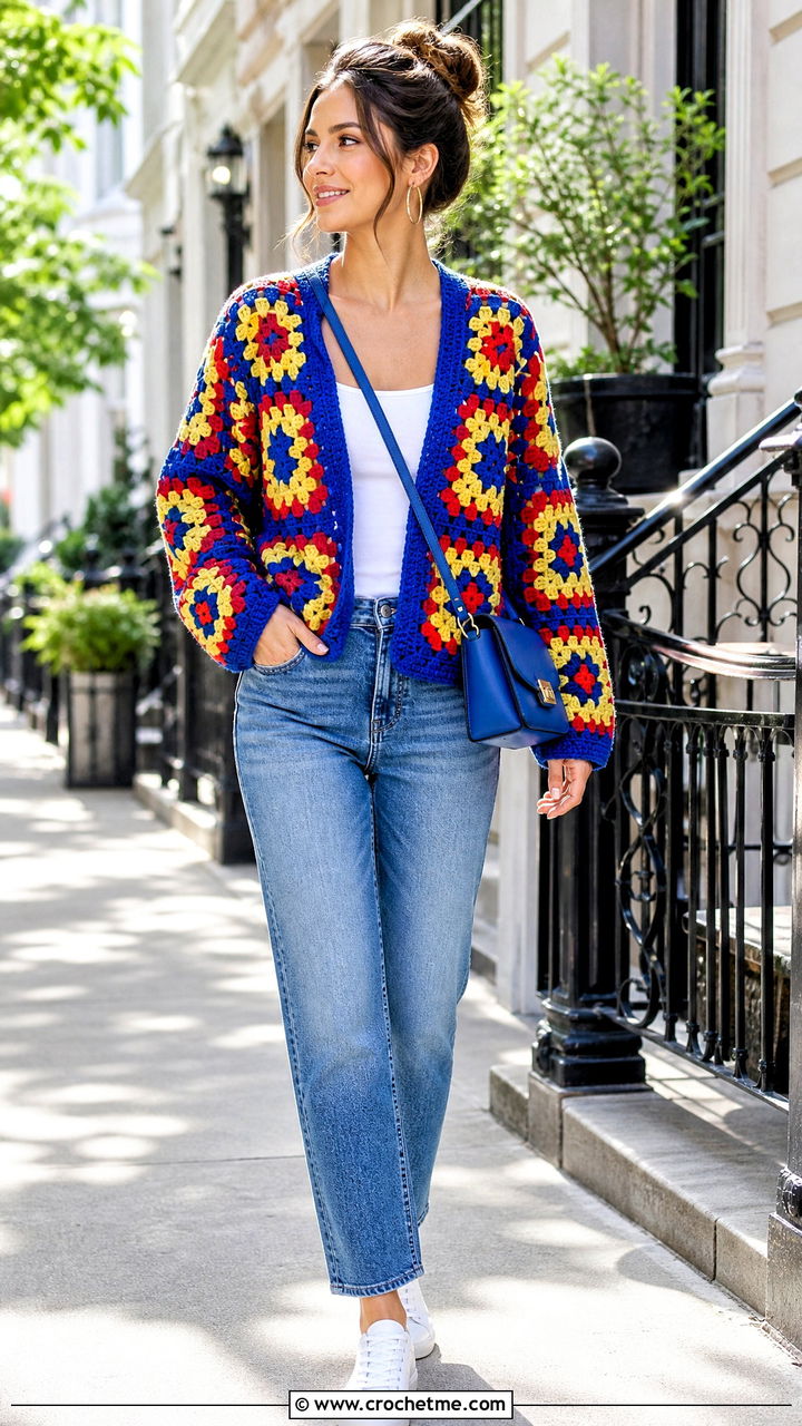 Granny Square Crochet Cardigan With Straight Jeans - 35 crocheted cardigan outfit ideas