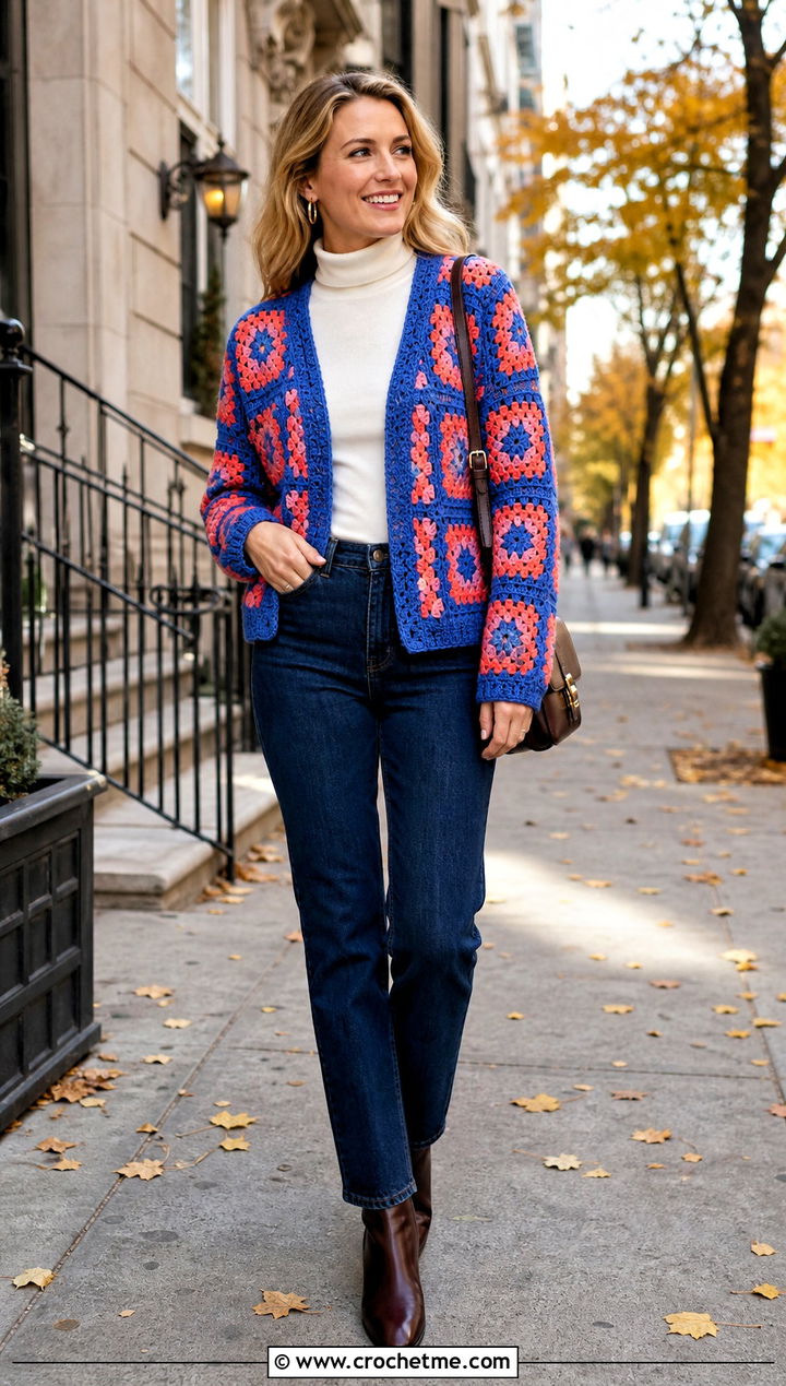 Granny Square Crochet Cardigan With Straight Jeans - 25 Autumn Crochet Outfit ideas