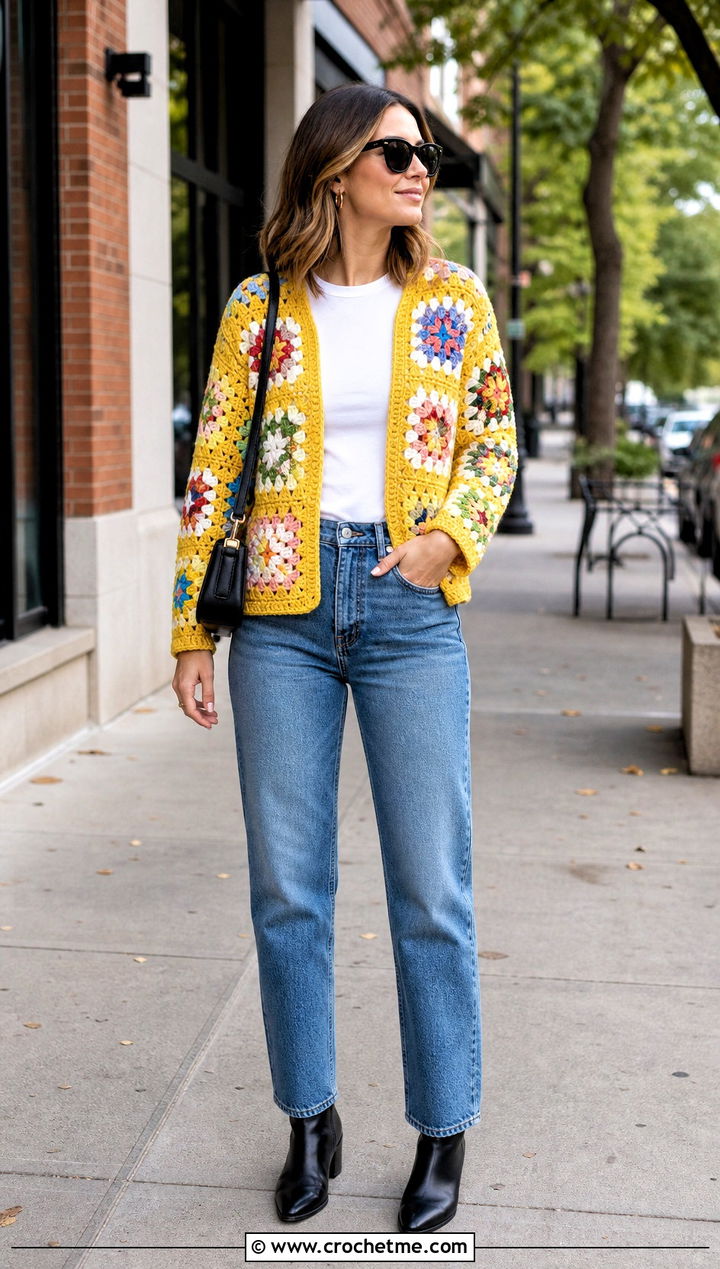 Granny Square Crochet Cardigan With Straight Jeans - 30 crochet fall outfits ideas