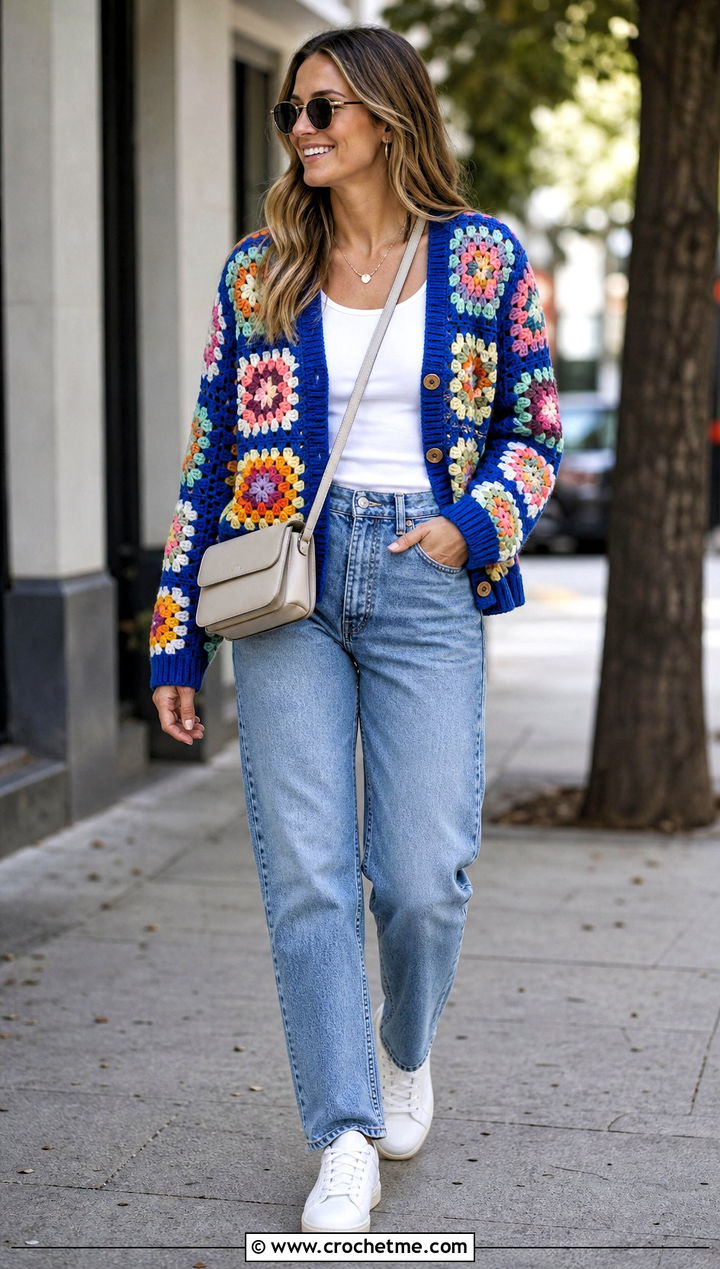Granny Square Crochet Cardigan With Straight Leg Jeans - 30 crochet for cardigans outfit ideas