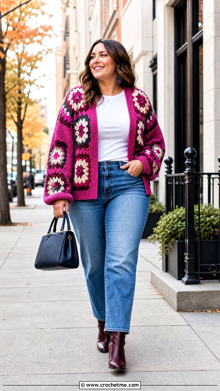 Granny Square Crochet Cardigan With Straight Leg Jeans - 35 autumn crochet clothes and outfit ideas