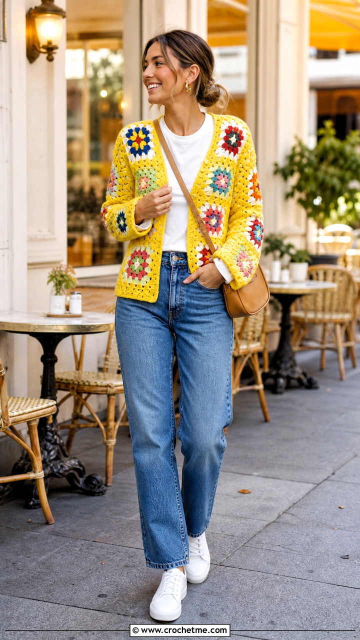 Granny Square Crochet Cardigan With Straight Leg Jeans - 35 beginner crochet cardigan outfit ideas