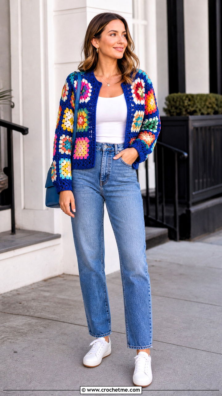 Granny Square Crochet Cardigan With Straight Leg Jeans - 35 crochet cardigan for women outfit ideas