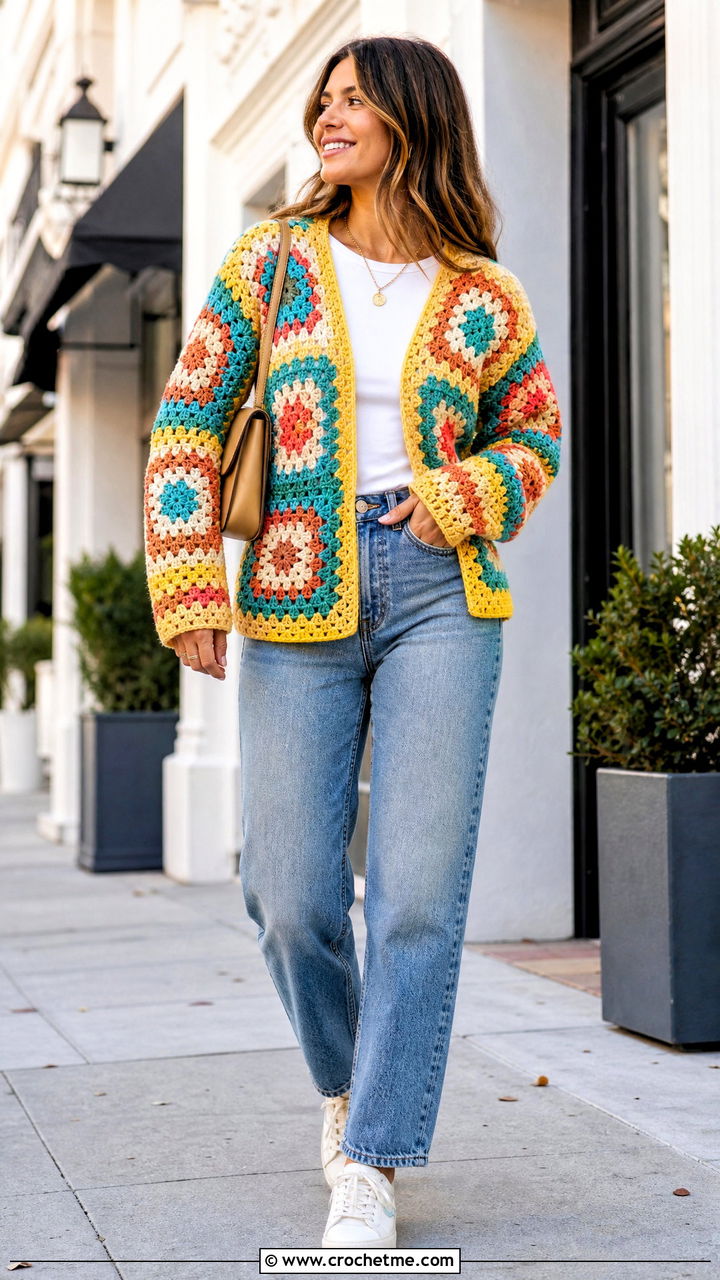 Granny Square Crochet Cardigan With Straight Leg Jeans - 35 crochet cardigan ideas