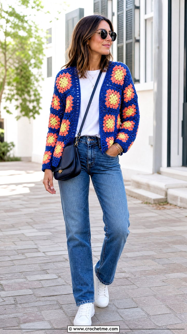 Granny Square Crochet Cardigan With Straight Leg Jeans - 35 crochet cardigans outfit ideas