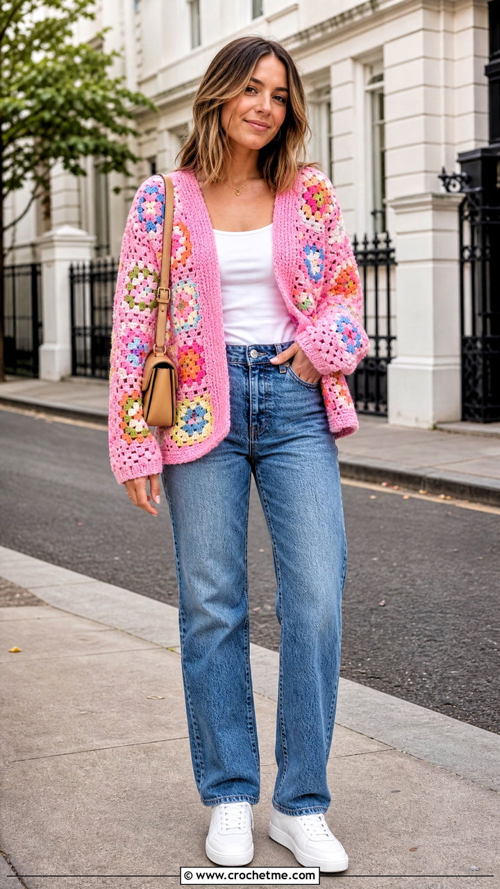 Granny Square Crochet Cardigan With Straight Leg Jeans - 35 crochet clothes for women outfit ideas