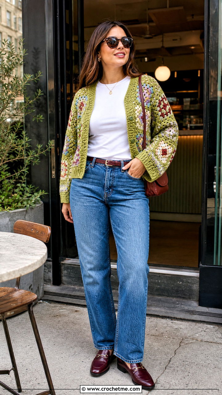 Granny Square Crochet Cardigan With Straight Leg Jeans - 35 crochet designs clothing and outfit ideas