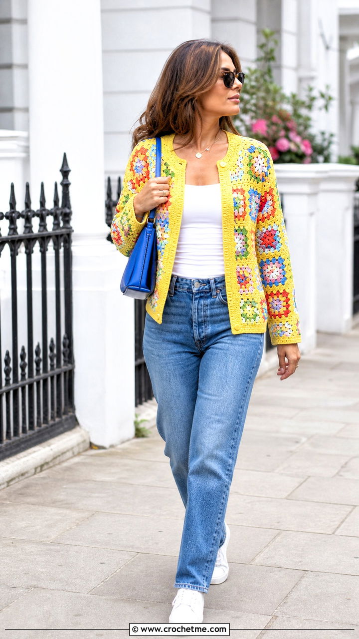 Granny Square Crochet Cardigan With Straight Leg Jeans - 35 crochet garments outfit ideas