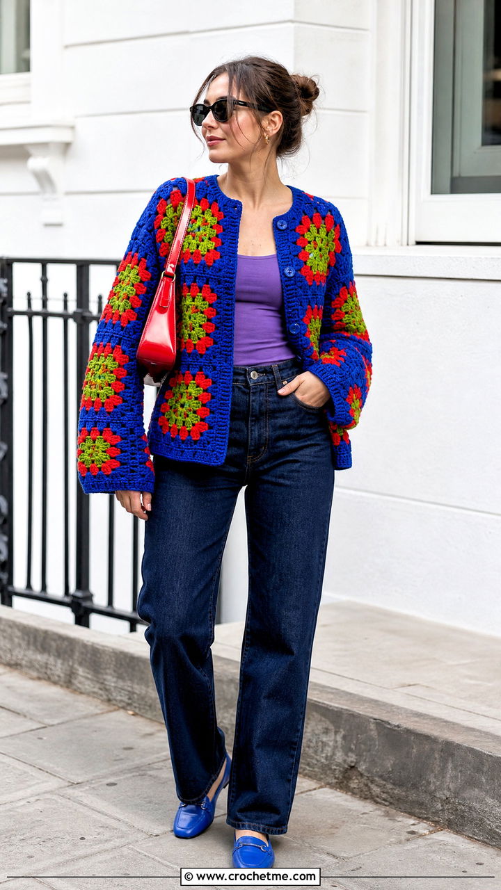 Granny Square Crochet Cardigan With Straight Leg Jeans - 35 crochet outfits ideas
