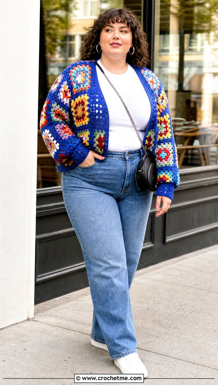 Granny Square Crochet Cardigan With Straight Leg Jeans - 30 crochet plus size cardigan outfit ideas
