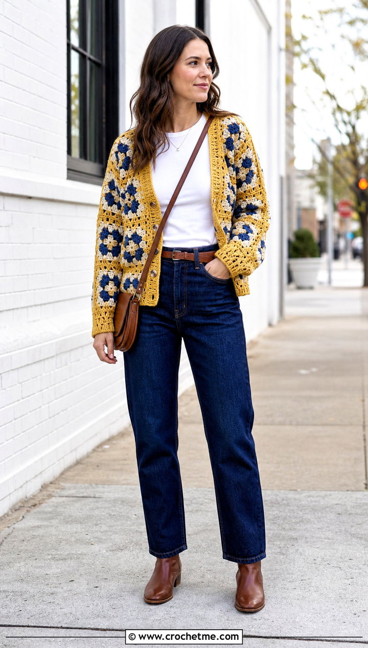 Granny Square Crochet Cardigan With Straight Leg Jeans - 35 Crochet Winter Outfits ideas