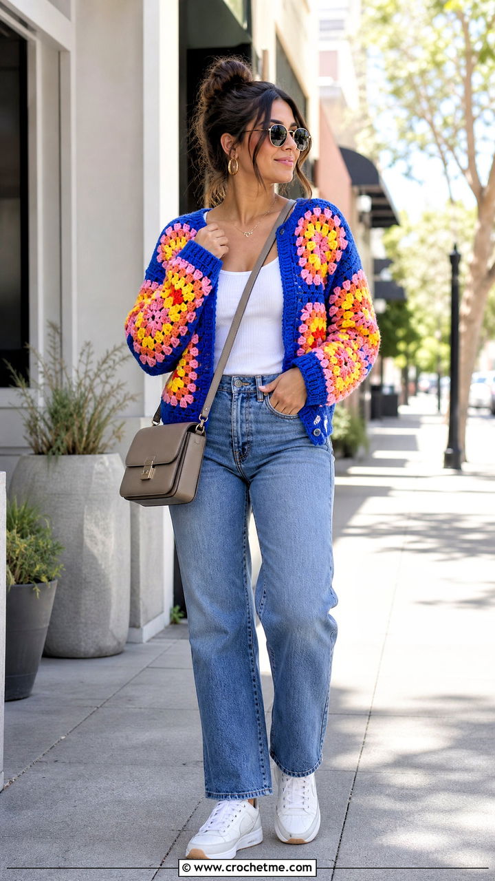 Granny Square Crochet Cardigan With Straight Leg Jeans - 35 cute crochet clothes and outfit ideas